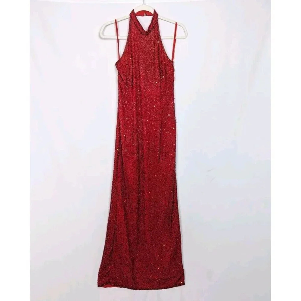Vintage 90s Y2K Adrienne Papell Evening Boutique 6 Beaded Silk Red Halter Gown